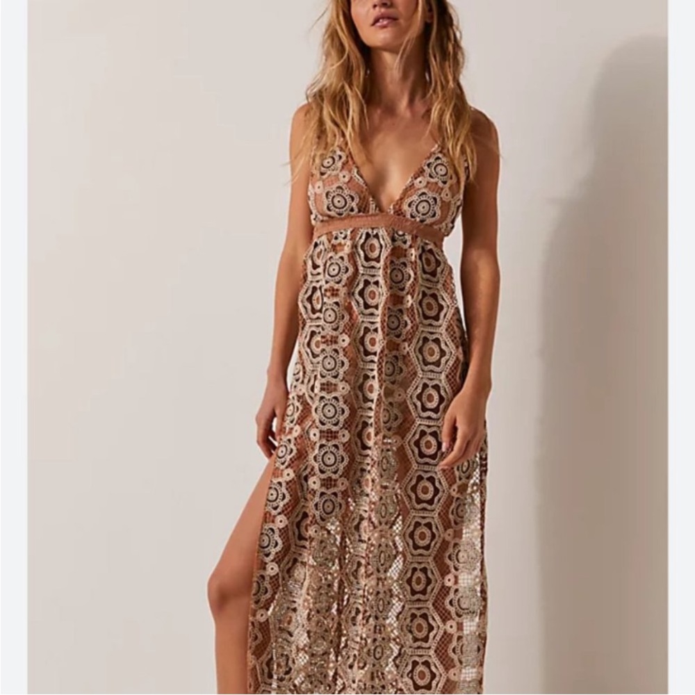 FREE PEOPLE saltwater happy crochet embroidered swimsuit cover maxi dress NWOT